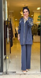 1463 ELA KOL İŞLEMELİ ŞERİTLİ TAKIM LACİVERT - 