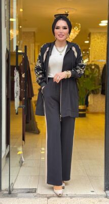 1463 ELA KOL İŞLEMELİ ŞERİTLİ TAKIM SİYAH - 7