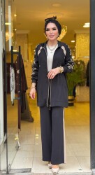 1463 ELA KOL İŞLEMELİ ŞERİTLİ TAKIM SİYAH - 4