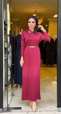 1981 YAKASI TAŞLI ELBİSE BORDO - 5