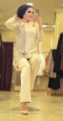 2948 DERİ DETAYLI TAKIM BEJ - 