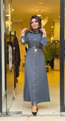 31016 ÇAĞLA KEMER KİLİT DETAYLI ELBİSE FÜME - 4