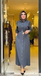 31016 ÇAĞLA KEMER KİLİT DETAYLI ELBİSE FÜME - 3