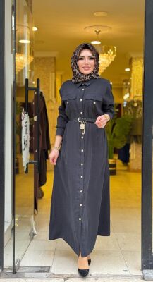 31016 ÇAĞLA KEMER KİLİT DETAYLI ELBİSE SİYAH - 3