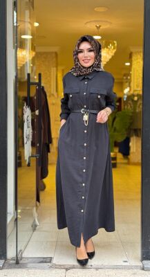 31016 ÇAĞLA KEMER KİLİT DETAYLI ELBİSE SİYAH - 2