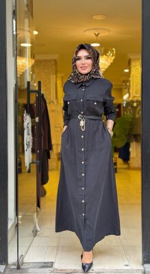 31016 ÇAĞLA KEMER KİLİT DETAYLI ELBİSE SİYAH - 4