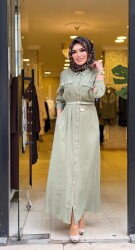 31016 ÇAĞLA KEMER KİLİT DETAYLI ELBİSE YEŞİL - 