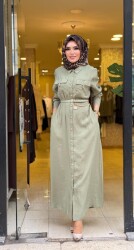 31016 ÇAĞLA KEMER KİLİT DETAYLI ELBİSE YEŞİL - 3