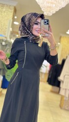 31183 GİZEM YAN FERMUARLI ELBİSE SİYAH - 