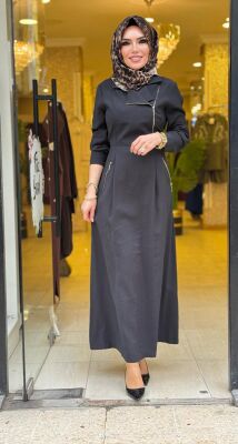 31183 GİZEM YAN FERMUARLI ELBİSE SİYAH - 4