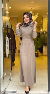 31183 GİZEM YAN FERMUARLI ELBİSE VİZON - 4