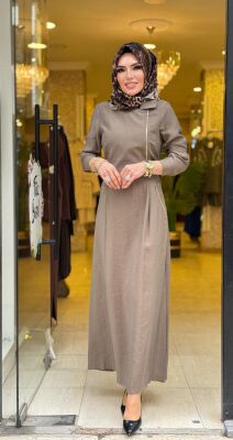 31183 GİZEM YAN FERMUARLI ELBİSE VİZON - 3