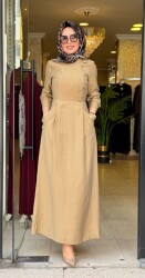 31183 GİZEM YAN FERMUARLI ELBİSE HARDAL - 