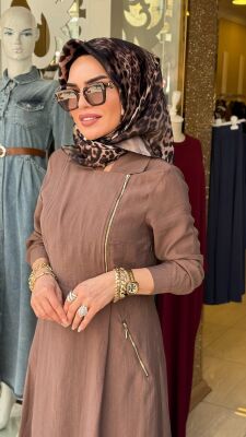 31183 GİZEM YAN FERMUARLI ELBİSE KAHVERENGİ - 2