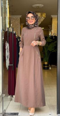 31183 GİZEM YAN FERMUARLI ELBİSE KAHVERENGİ - 4