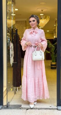 3140 KURDELELİ ELBİSE PEMBE - 1