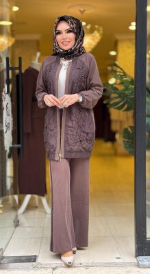 3163 LAZER KESİM ELBİSE KAHVERENGİ - 3