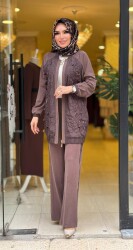 3163 LAZER KESİM ELBİSE KAHVERENGİ - 2