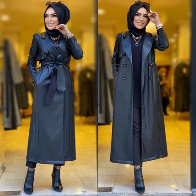 4766 Düğmeli deri kap siyah - 1