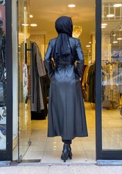 4766 Düğmeli deri kap siyah - 2