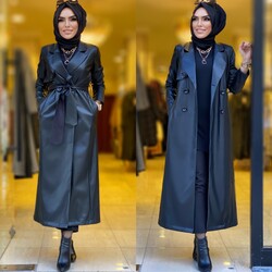 4766 Düğmeli deri kap siyah - 3