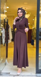 5475 ŞİRİN KRUVAZE GEÇMELİ ELBİSE KAHVERENGİ - 