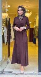 5475 ŞİRİN KRUVAZE GEÇMELİ ELBİSE KAHVERENGİ - 3