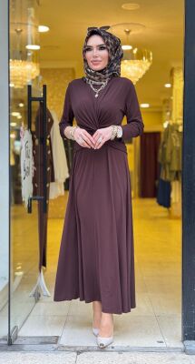 5475 ŞİRİN KRUVAZE GEÇMELİ ELBİSE KAHVERENGİ - 3