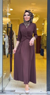 5475 ŞİRİN KRUVAZE GEÇMELİ ELBİSE KAHVERENGİ - 1