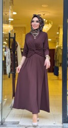 5475 ŞİRİN KRUVAZE GEÇMELİ ELBİSE KAHVERENGİ - 7