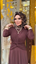 5475 ŞİRİN KRUVAZE GEÇMELİ ELBİSE KAHVERENGİ - 4