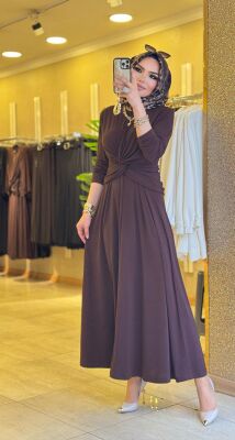 5475 ŞİRİN KRUVAZE GEÇMELİ ELBİSE KAHVERENGİ - 2