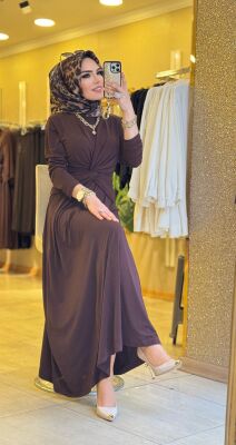 5475 ŞİRİN KRUVAZE GEÇMELİ ELBİSE KAHVERENGİ - 8