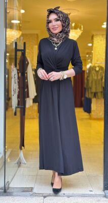 5475 ŞİRİN KRUVAZE GEÇMELİ ELBİSE SİYAH - 3