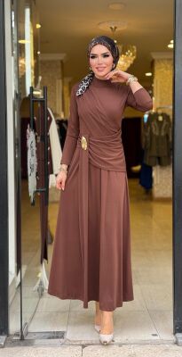 5491 SEHER TOKALI ELBİSE KAHVERENGİ - 4