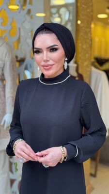 5508 ÇİÇEK PİLİSE DETAYLI ELBİSE - 4