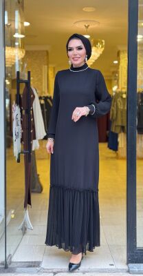 5508 ÇİÇEK PİLİSE DETAYLI ELBİSE - 1