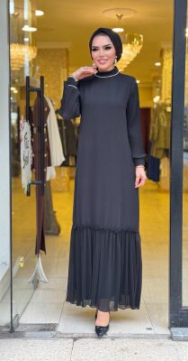 5508 ÇİÇEK PİLİSE DETAYLI ELBİSE - 3