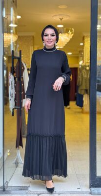 5508 ÇİÇEK PİLİSE DETAYLI ELBİSE - 5