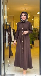5509 BEL SASON DETAYLI ELBİSE KAHVERENGİ - 