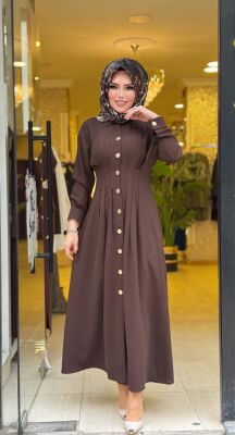 5509 BEL SASON DETAYLI ELBİSE KAHVERENGİ - 4