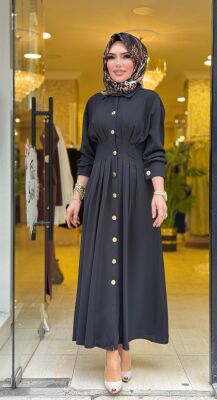 5509 BEL SASON DETAYLI ELBİSE SİYAH - 1