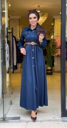 6136 YEŞİM KOT ELBİSE KOYU MAVİ - 