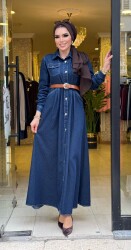 6136 YEŞİM KOT ELBİSE KOYU MAVİ - 1