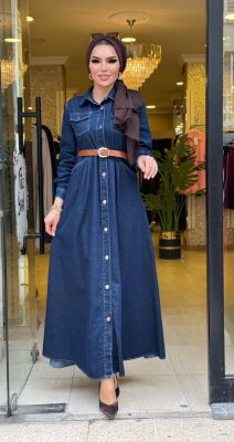 6136 YEŞİM KOT ELBİSE KOYU MAVİ - 5