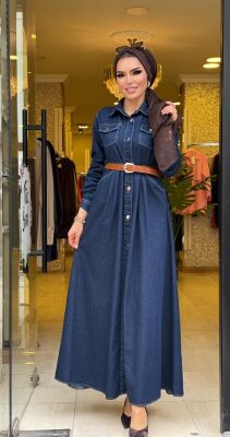 6136 YEŞİM KOT ELBİSE KOYU MAVİ - 2