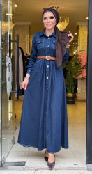 6136 YEŞİM KOT ELBİSE KOYU MAVİ - 6