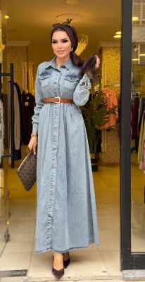 6136 YEŞİM KOT ELBİSE MAVİ - 3