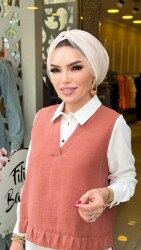 7322 SÜETER DETAYLI ÜÇLÜ TAKIM KİREMİT - 