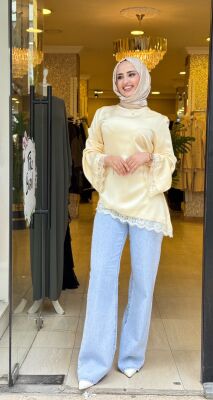 7506 SATEN DANTELLİ TUNİK SARI - 3